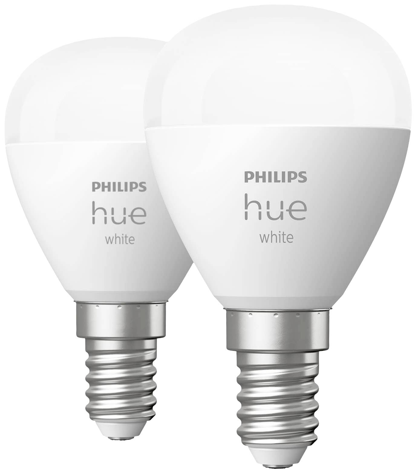 Twee slimme LED-lampen van Philips Hue in het wit. Ze hebben een schroeffitting en kunnen worden bediend via een app.