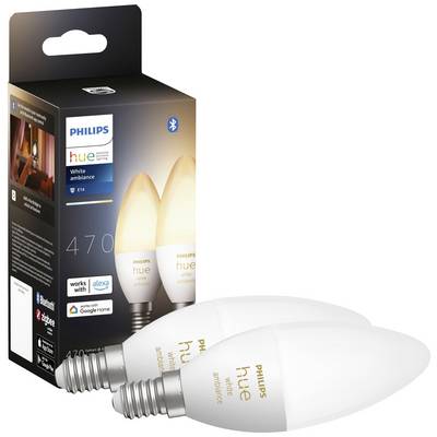 Twee Philips Hue White Ambiance lampen voor een verpakking. Ondersteunt Alexa en Google Home. E14, 470 lumen.