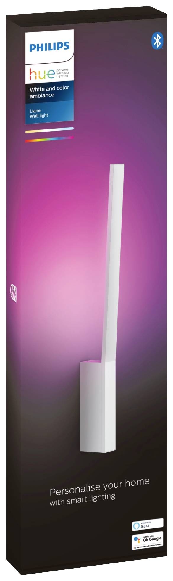Verpakking van de Philips Hue Gradient Signe tafellamp, toont het product met roze achtergrondverlichting en Bluetooth-logo.