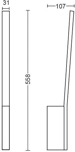 Technische tekening van een rechthoekig object met lengteaanduidingen: 31 mm breedte, 107 mm schuin gedeelte en 558 mm hoogte weergegeven.