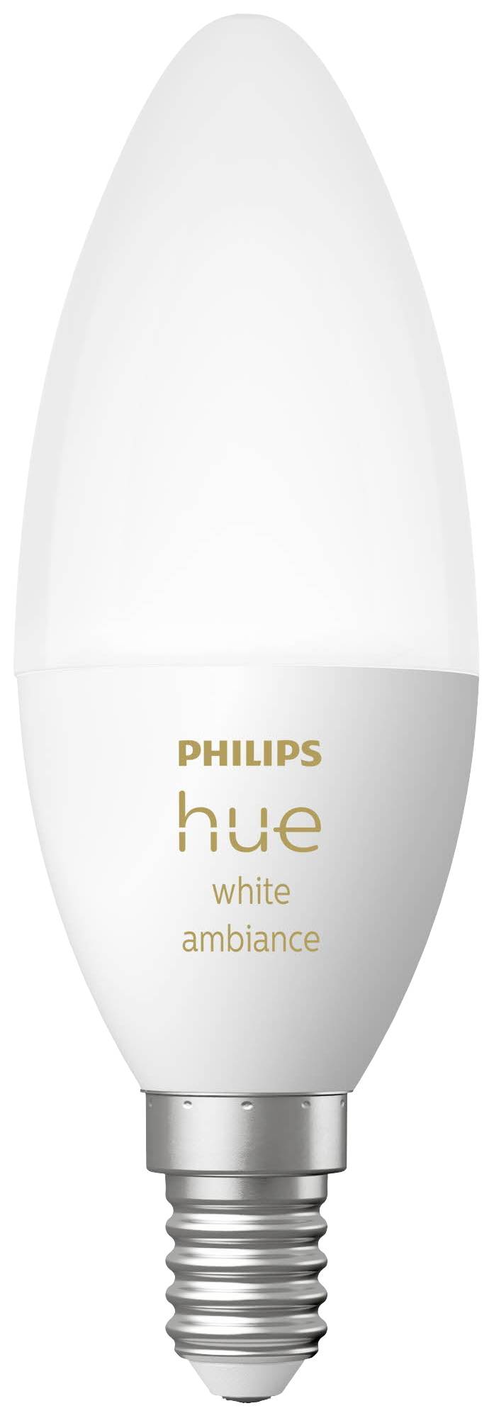 Een Philips Hue White Ambiance LED-lamp in kaarsvorm met E14-fitting, ontworpen voor slimme verlichting.