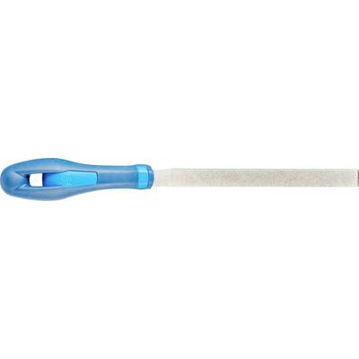 Een blauwe metalen vijl met een ergonomische handgreep, geschikt voor het slijpen van metalen oppervlakken.