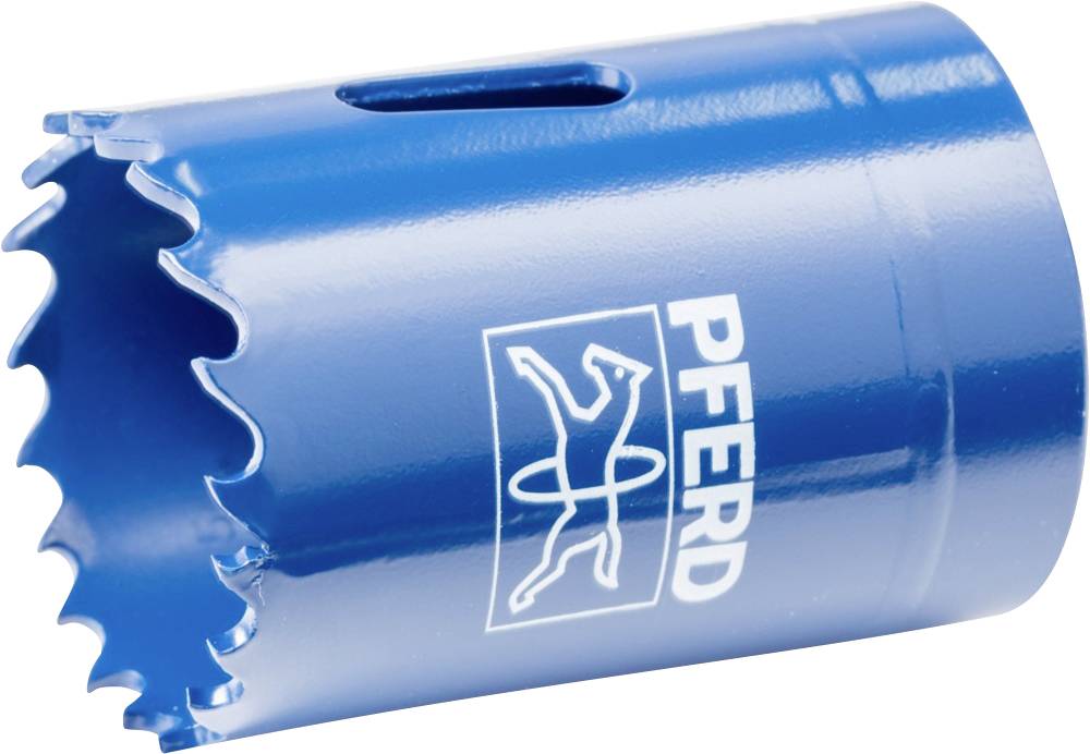 Blauwe gatenzaagkop met getande rand, geschikt voor boorwerkzaamheden. Logo met een paard en de tekst 'PFERD'.