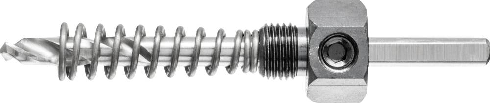 Metalen spiraalveer met draadpen en zeskantbout, wordt gebruikt als bevestigingselement in mechanische toepassingen.