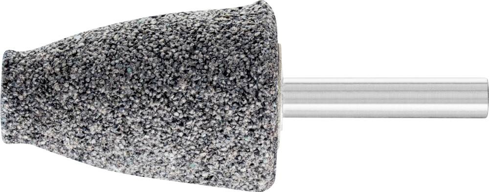 Slijpcilinder van steen met conische vorm en metalen schacht, geschikt voor de bewerking van verschillende materialen.