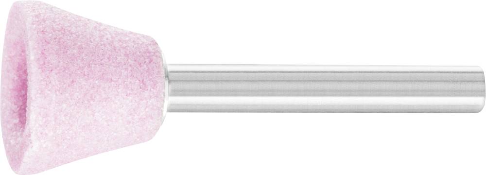 Een roze slijpkegel met een metalen handgreep. Gebruikt voor het polijsten of verwijderen van materiaal in ambachtelijke toepassingen.