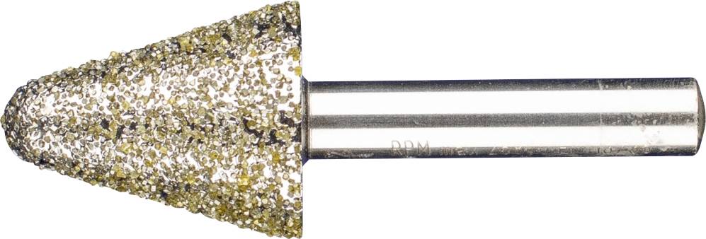 'Kegelvormige slijpkop met grovere korrelstructuur op een metalen as, geschikt voor frees- of slijpwerkzaamheden op verschillende materialen.'