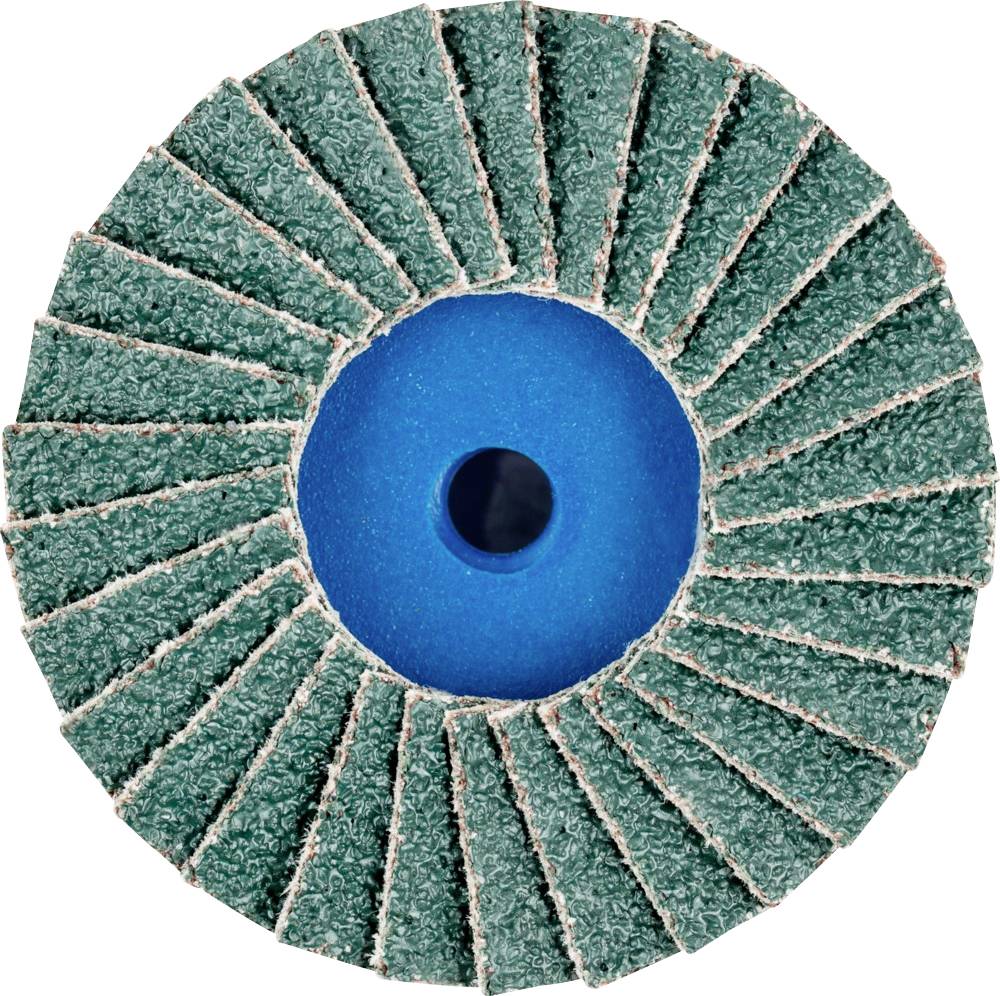 Close-upfoto van een slijpschijf met groene lamellen en een blauw centrum, gebruikt voor het slijpen en polijsten van materialen.