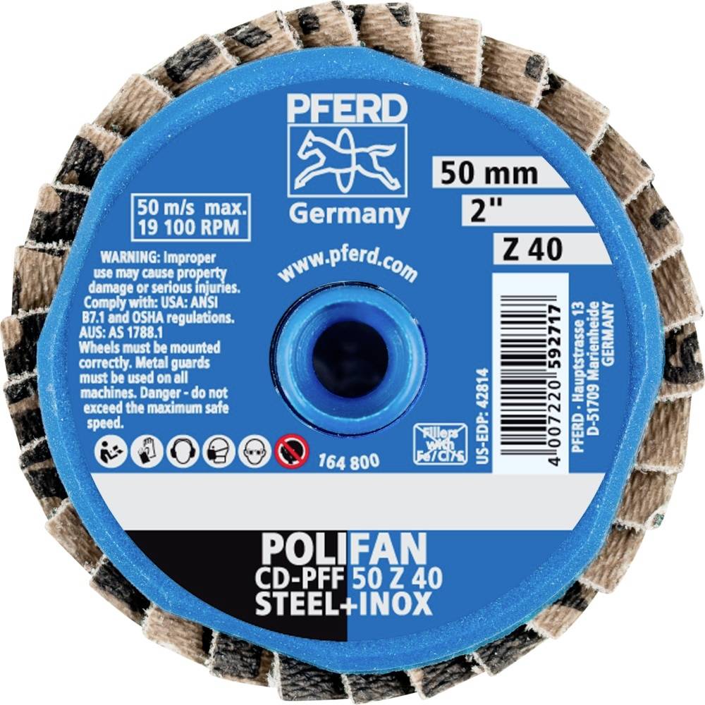 Slijpschijf met opschrift: 'PFERD Germany', 'Polifan CD-PFF 50 Z 40', diameter 50 mm, voor staal en roestvrij staal, maximaal 19.100 tpm.