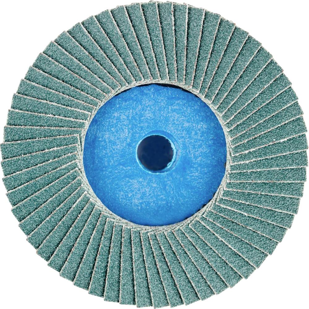 Slijpschijf in cirkelvormige opstelling met blauwe lamellen rond een middelpunt. Gebruikt voor slijpwerkzaamheden aan metaal of hout.
