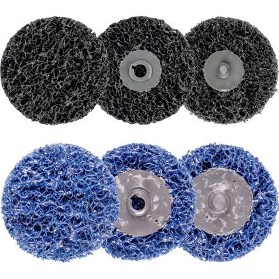 Zes slijpschijven, drie zwart en drie blauw, van draadachtig materiaal voor oppervlaktebewerking.