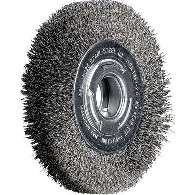 Een ronde metalen borstel met dicht opeen gepakte metalen borstels en een centraal gat om te bevestigen aan machines voor metaalbewerking.