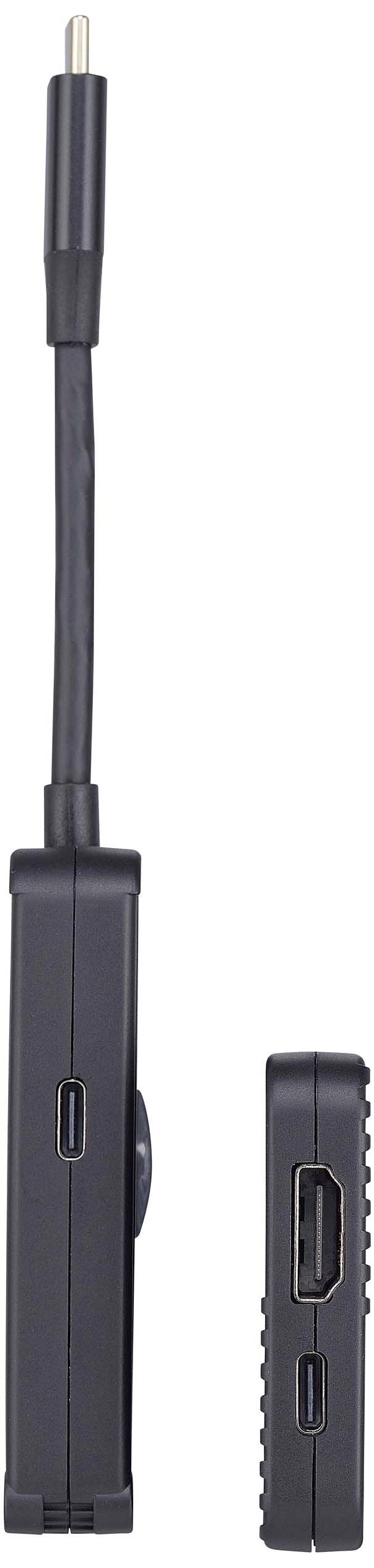 Een USB-C-adapter met HDMI- en USB-poorten, compact en zwart, toont beide aansluitkanten voor verschillende apparaatcompatibiliteit.