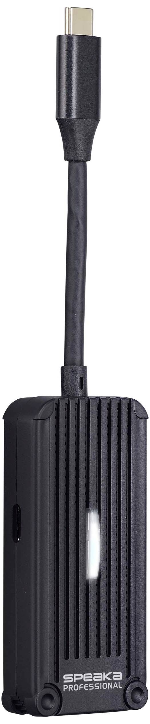 Externe zwarte SSD met USB-C-aansluiting, geschikt voor snelle gegevensopslag en -overdracht. Compact ontwerp.