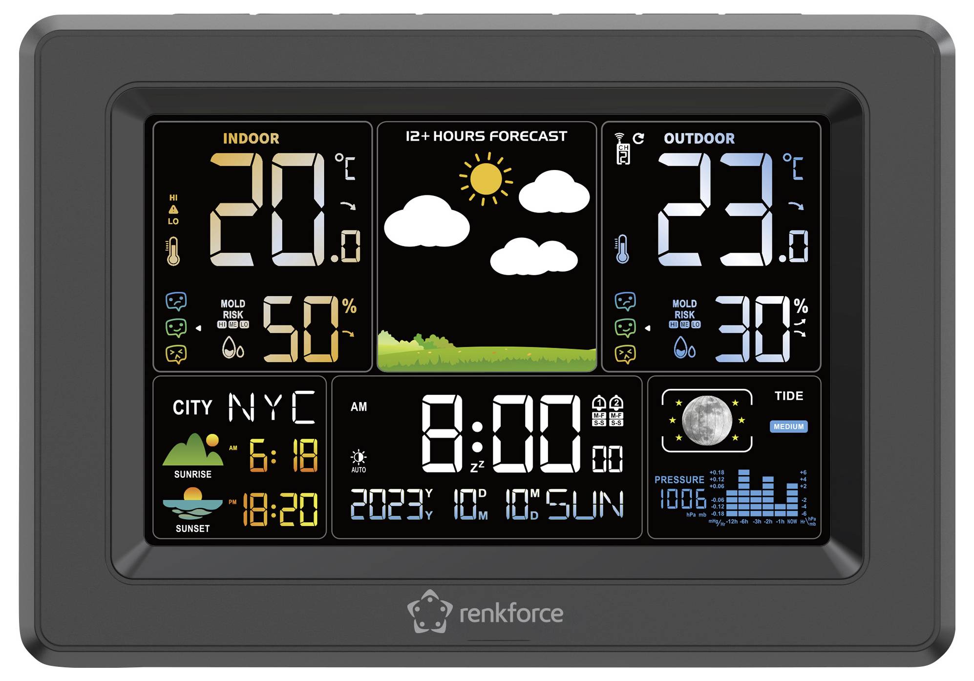 Digitaal weerdisplay toont: Binnentemperatuur 20°C, Luchtvochtigheid 50%, Buitentemperatuur 23°C, Weersvoorspelling zonnig, Tijd 8:00 uur, Datum 10 dec. 2023.