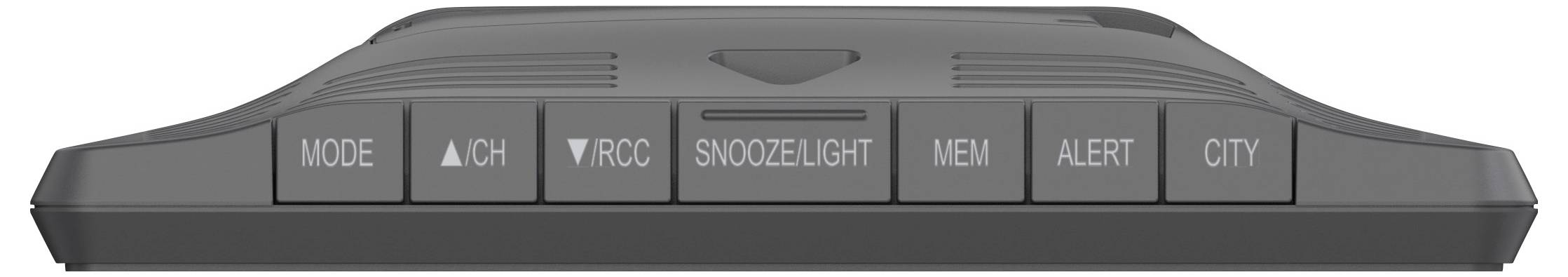 De afbeelding toont een reeks knoppen op een apparaat. De knoppen zijn gelabeld met 'MODE', '▲/CH', 'RCC', 'SNOOZE/LIGHT', 'MEM', 'ALERT' en 'CITY'.