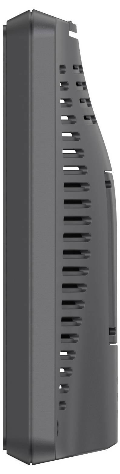 Grijs, verticaal object met smalle, regelmatige openingen langs één kant, gelijkt op een moderne radiator of ventilatie-element.