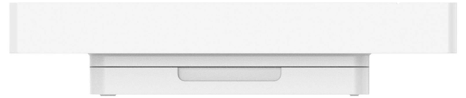 Een wit, rechthoekig elektronisch apparaat met een sleuf aan de voorkant, vermoedelijk een kleine desktopcomputer.