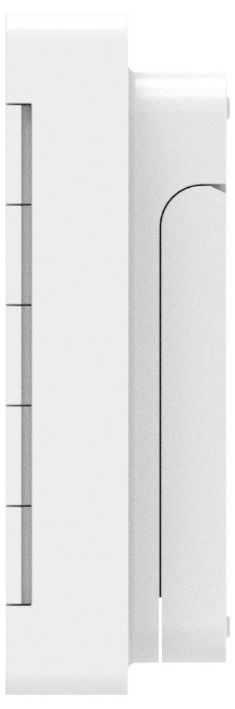 Zijaanzicht van een wit, rechthoekig elektronisch apparaat met zichtbare horizontale lijnen aan de linkerkant.