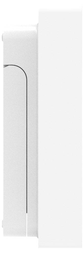 Wit, verticaal design-element met een minimalistisch gesneden afwerking aan de linkerzijde; mogelijke component van een modern meubelstuk.