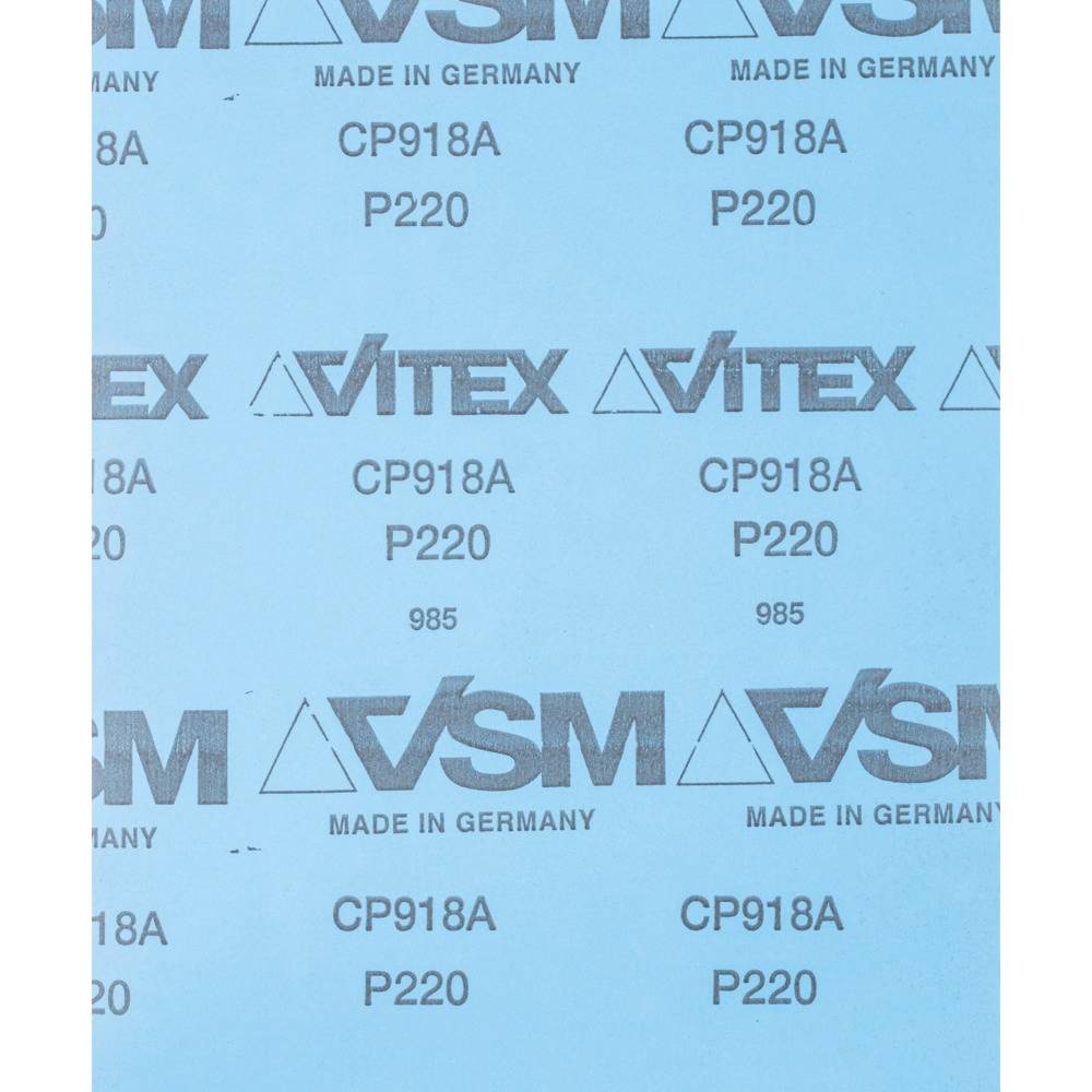 Blauw schuurpapier met zwarte opdruk: 'VSM', 'Vitex', 'Made in Germany', 'CP918A', 'P220', '985'.