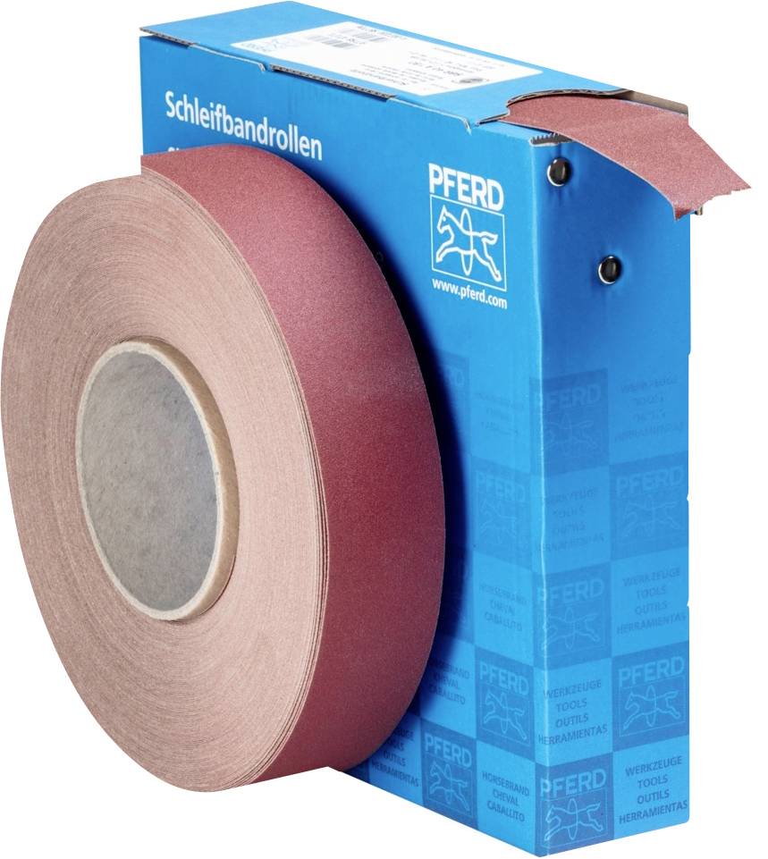 Een grote rol schuurband in een blauwe verpakking met het opschrift 'Pferd Schuurbandrollen'.