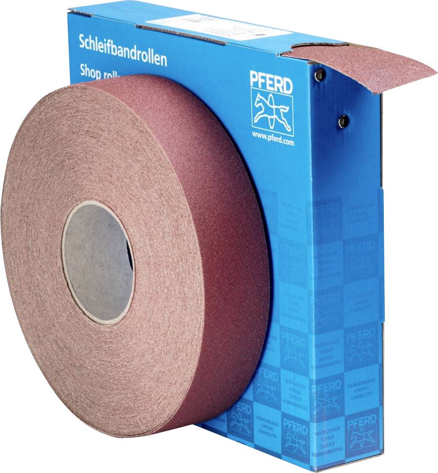 Een grote rol schuurpapier in een blauwe verpakking met de tekst 'Schleifbandrollen Shop roll' en een logo.