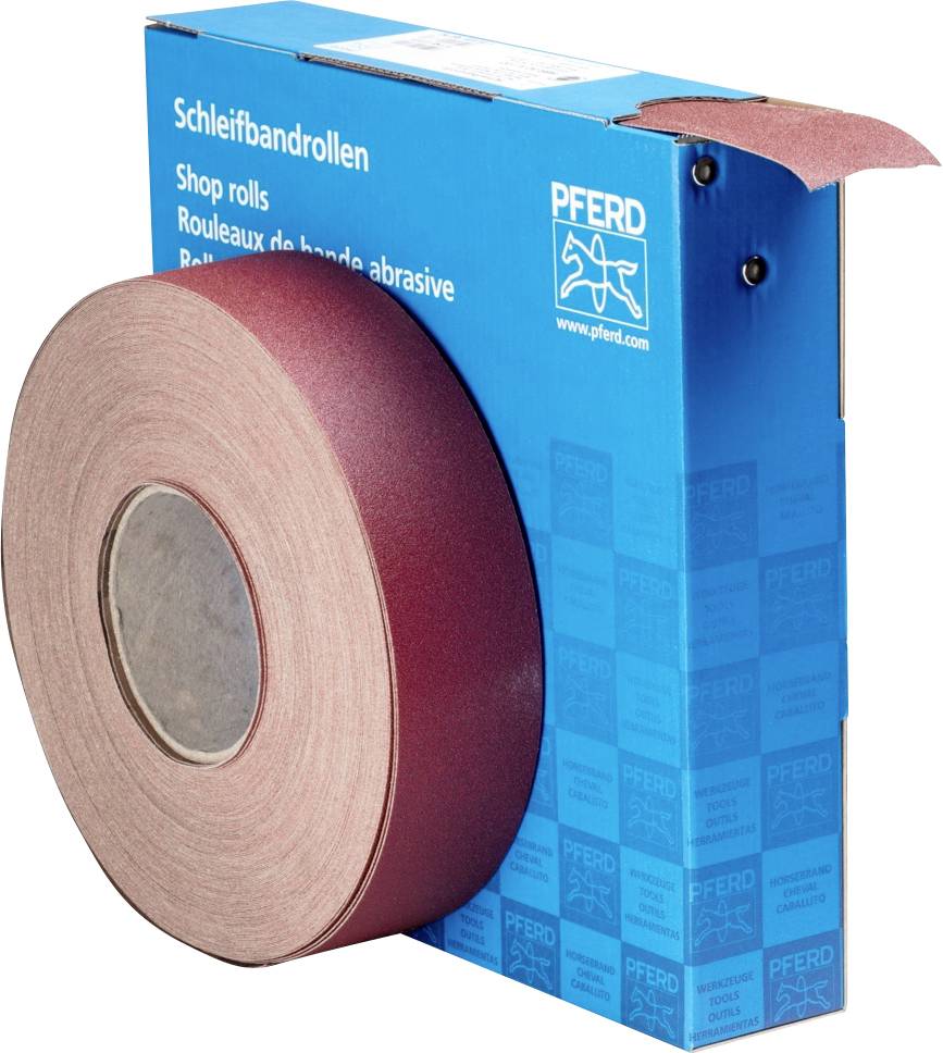 Schuurbandrollen in een blauwe verpakking van 'PFERD'. De verpakking heeft tekst in meerdere talen.