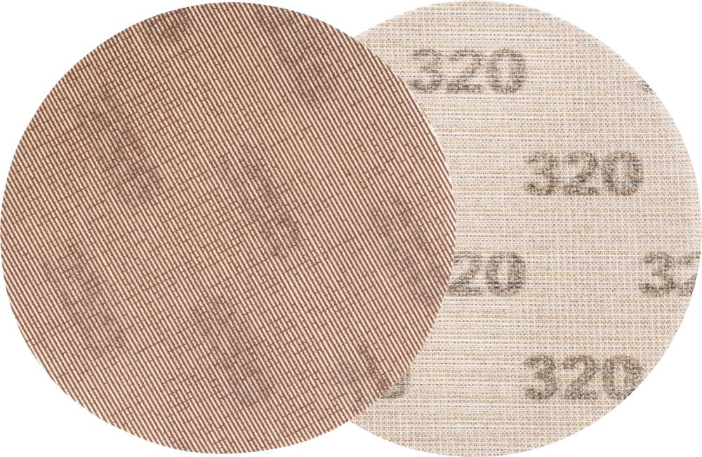 Twee schuurpapieren rondes met fijne korrel. Links: roodbruine schuurzijde. Rechts: achterkant met opdruk '320'.