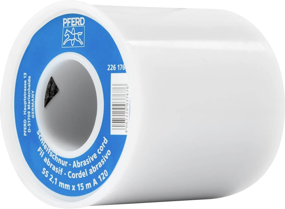 Een rol slijpkoord van het merk Pferd, type SS, maat 2,1 mm x 15 m, korrelgrootte A 120, in witte verpakking met blauw etiket.
