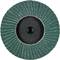 Een schuurmiddel met een rond, waaierachtig ontwerp in groen en zwart, gebruikt voor het slijpen en gladmaken van materialen.