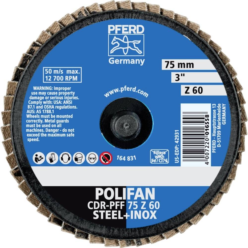 Slijpschijf met 'PFERD Germany'. Diameter 75 mm, max. 12.700 tpm. Waarschuwingen: Alleen veilig gemonteerd gebruiken, beschermende uitrusting dragen.