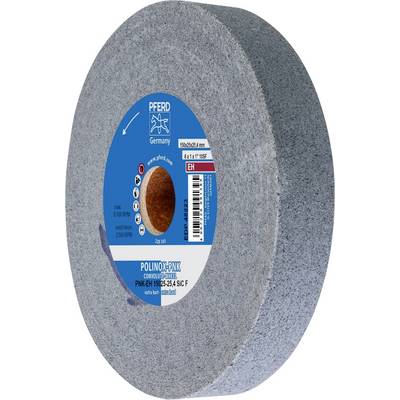 Slijpschijf met blauw etiket van 'PFERD Germany', details over specificaties en toepassingsgebied op het label.