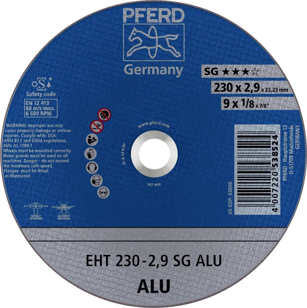 'Slijpschijf met paardlogo en tekst: EHT 230-2,9 SG ALU. Toepassingsgebied: Aluminium. Fabrikant: PFERD Germany. Diameter: 230 mm.'