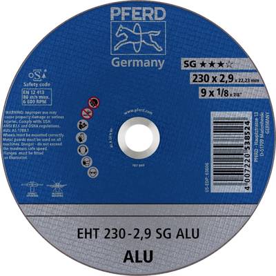'Slijpschijf met paardlogo en tekst: EHT 230-2,9 SG ALU. Toepassingsgebied: Aluminium. Fabrikant: PFERD Germany. Diameter: 230 mm.'