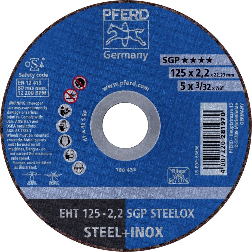 'Slijpschijf PFERD Duitsland, diameter 125 mm, dikte 2,2 mm, voor staal en roestvrij staal, maximale toerental 12.200 rpm. Veiligheids- en gebruiksinstructies inbegrepen.'
