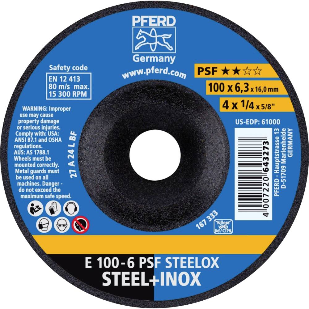 PFERD 62010720 E 100-6 PSF STEELOX/16,0 Afbraamschijf gebogen Diameter 100 mm Boordiameter 16 mm RVS, Staal 10 stuk(s)