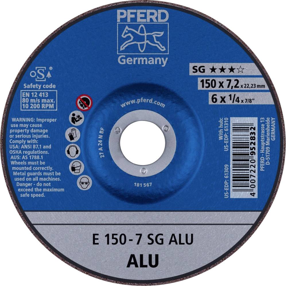 'Slijpschijf in het blauw met opschrift: "PFERD Germany", veiligheidsinstructies, afmetingen 150 x 7,2 mm; geschikt voor aluminium.'