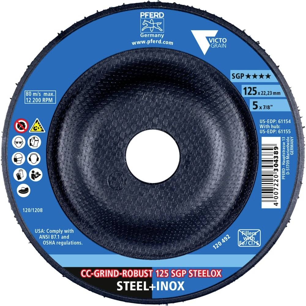 Slijpschijf met opdruk 'Pferd Germany', geschikt voor staal en roestvrij staal. Diameter 125 mm, maximaal 12.200 toeren per minuut.