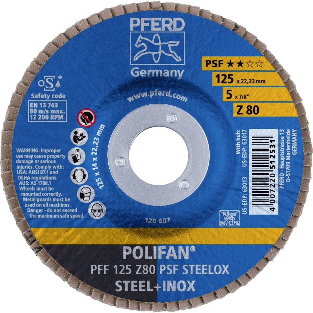 'POLIFAN' slijpschijf van PFERD, diameter 125 mm, voor staal en roestvrij staal. Bevat veiligheids- en gebruiksaanwijzingen.