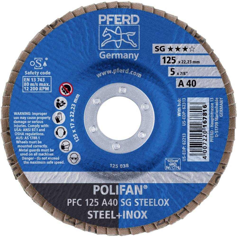 'PFERD POLIFAN' slijpschijf, diameter 125 mm, voor staal en roestvrij staal. Opdruk met veiligheidsinformatie en productdetails.