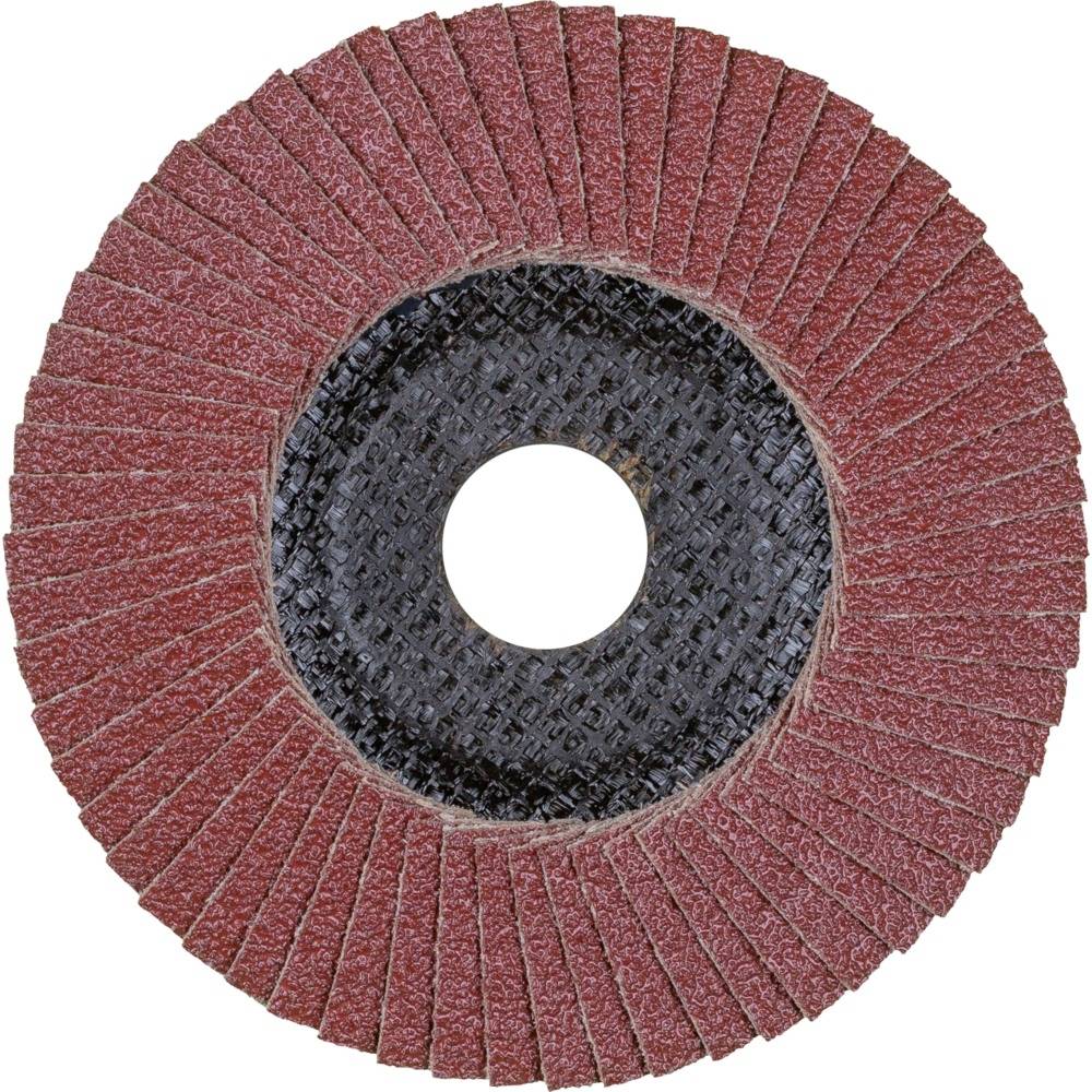 Een ronde slijpschijf met rode slijpbladen en een zwarte binnenkant. Hij wordt gebruikt voor het slijpen van materialen.