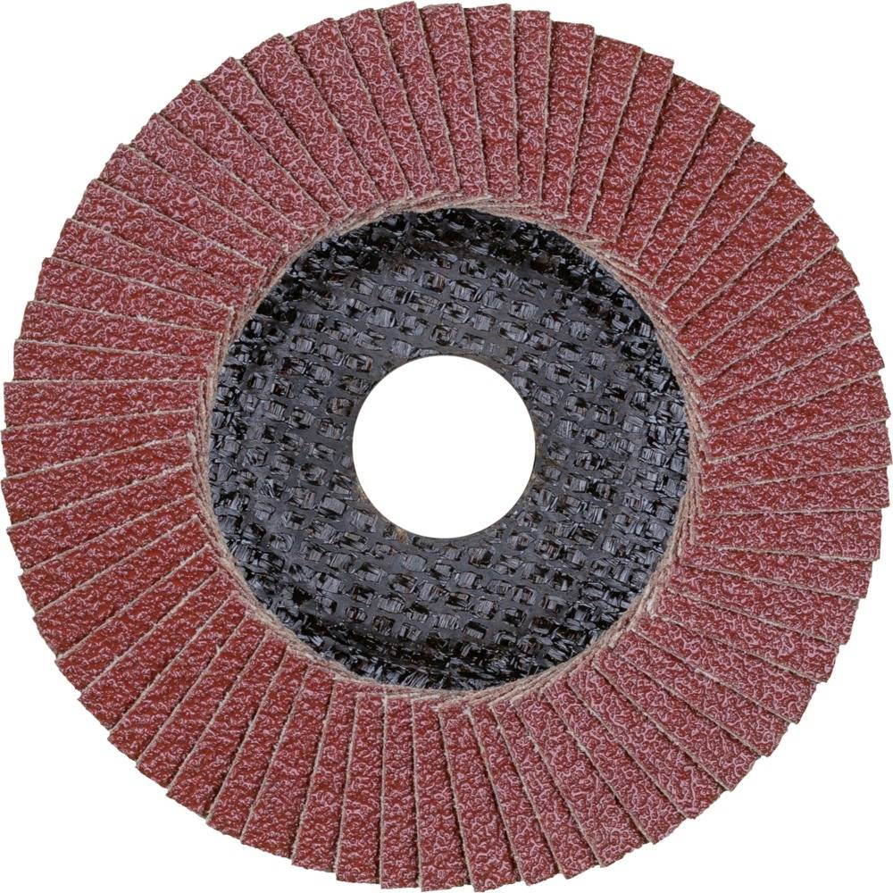 Een roodbruine lamellenschijf met een zwart, rond centrum wordt getoond. Hij wordt typisch gebruikt voor slijpwerkzaamheden.