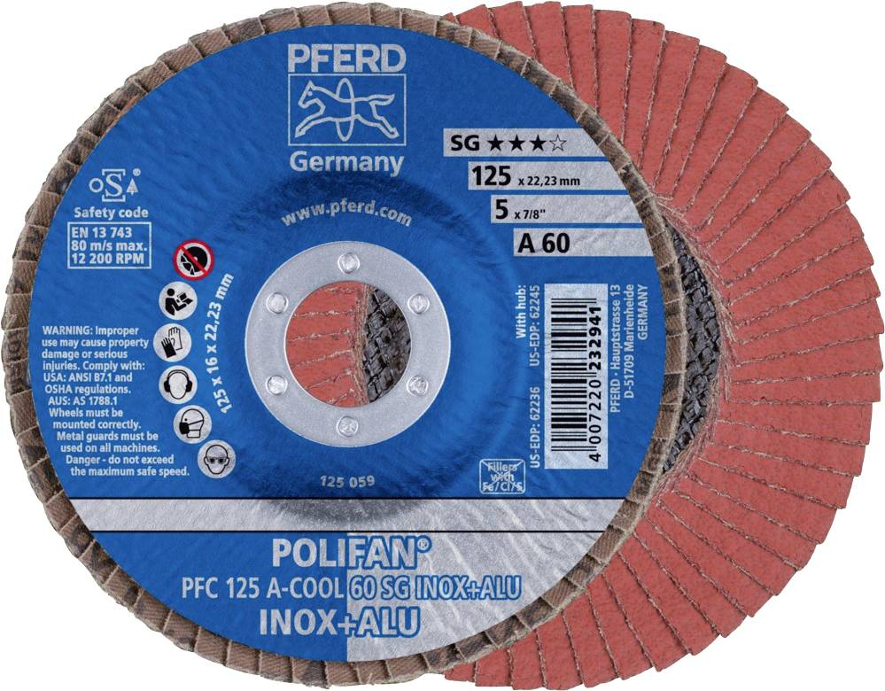 'PFERD POLIFAN lamellenschijf, diameter 125 mm, geschikt voor staal en aluminium, type A60.'