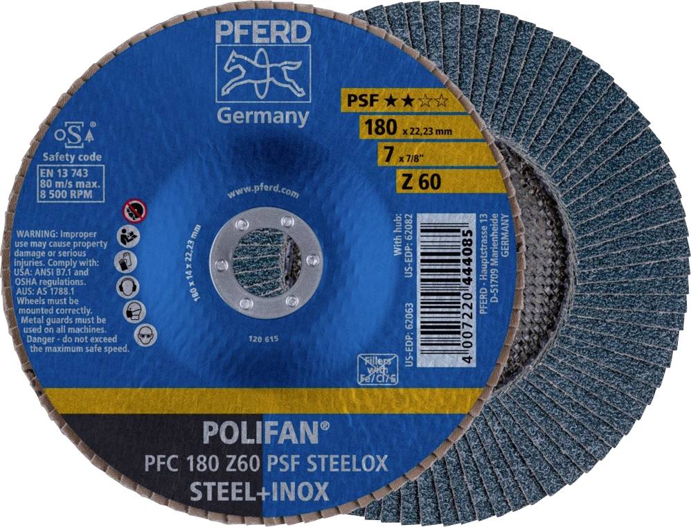 'PFERD POLIFAN Slijpschijf', geschikt voor staal en inox, korrel Z60, 180 mm diameter, Veiligheids- en toepassingsinformatie.