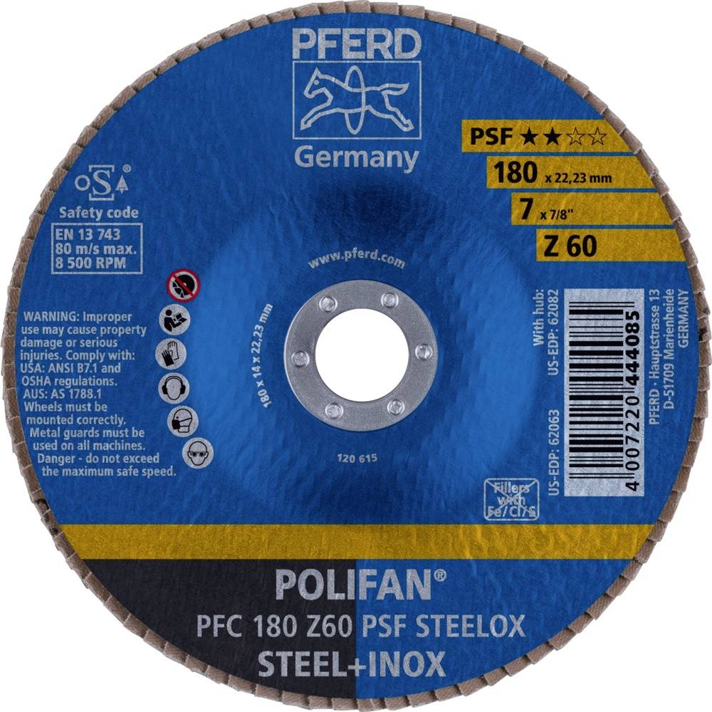 'Polifan PFC 180 Z60' slijpschijf van Pferd voor staal-inox. Diameter: 180 mm. Toerental: max. 80 m/s, max. 8500 rpm.