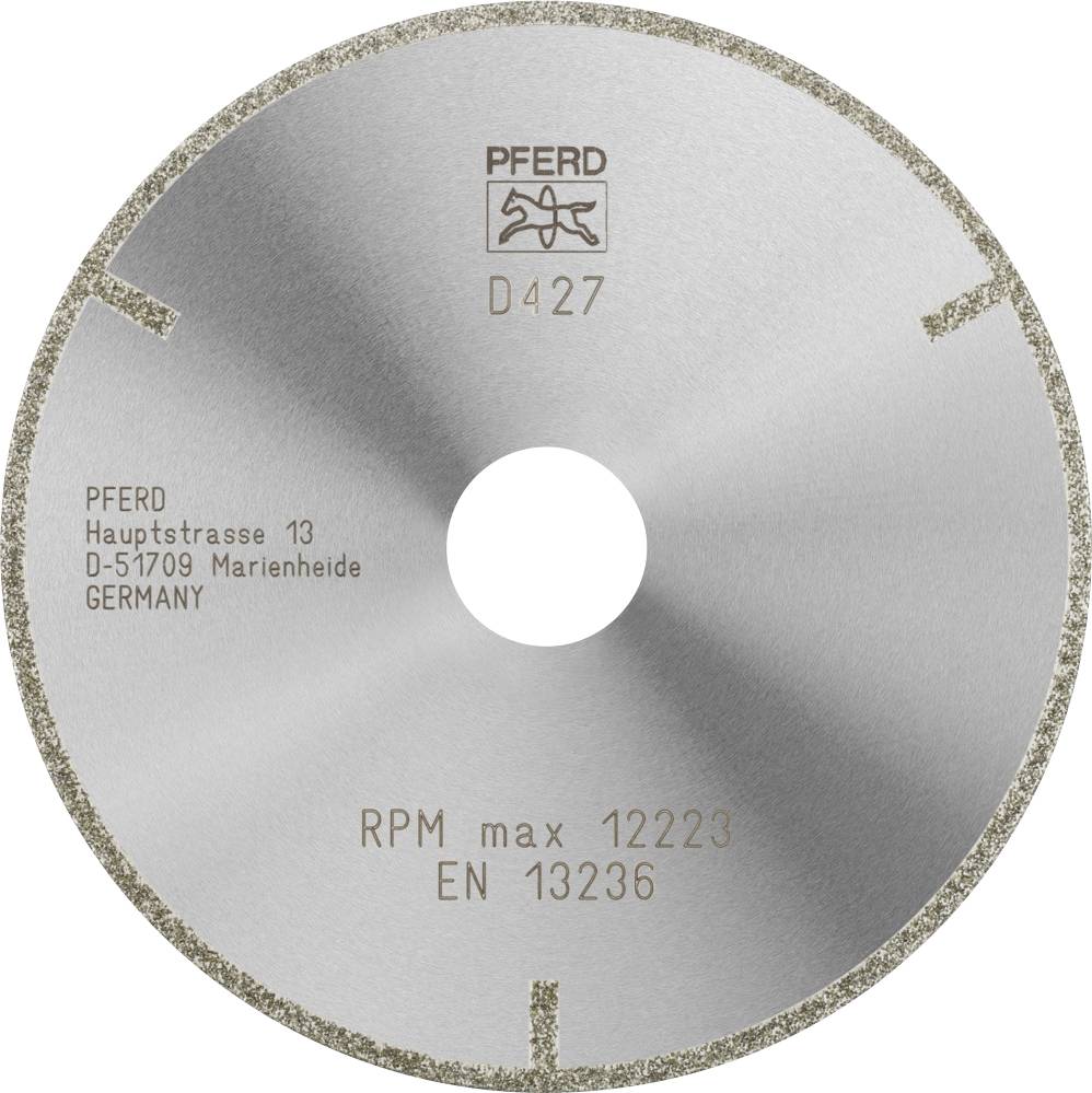 Diamantschijf van PFERD met opschrift 'RPM max 12223 EN 13236'. Bedrijfsadres en logo bovenaan, glanzend grijze oppervlakte.