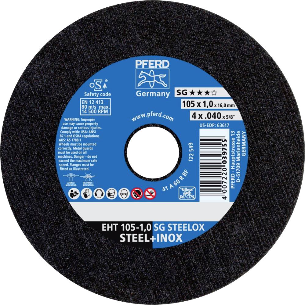 Slijpschijf met blauw etiket, merk Pferd, diameter 105 mm, voor staal en inox, max. toerental 15.300 rpm, Made in Germany.