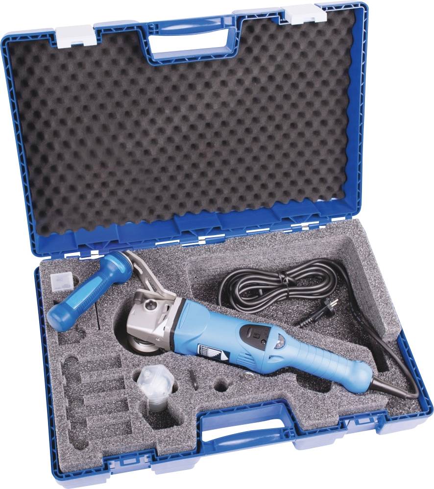Een open blauwe gereedschapskoffer met een elektrische snijder, een reservehandgreep, een beschermkap en een stroomkabel.