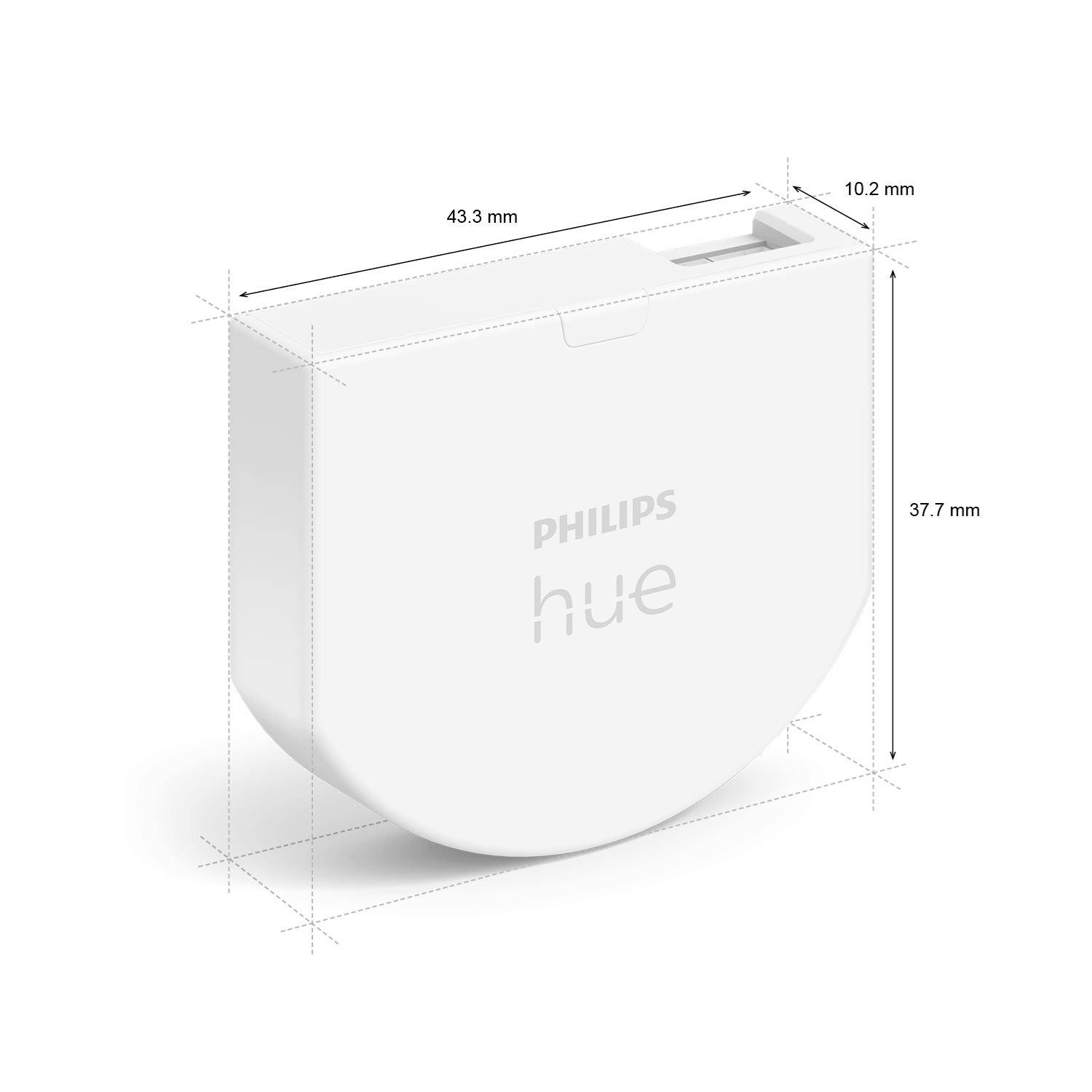Een wit, rechthoekig Philips Hue apparaat met de afmetingen: 43,3 mm breed, 10,2 mm diep, 37,7 mm hoog.